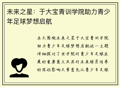 未来之星：于大宝青训学院助力青少年足球梦想启航